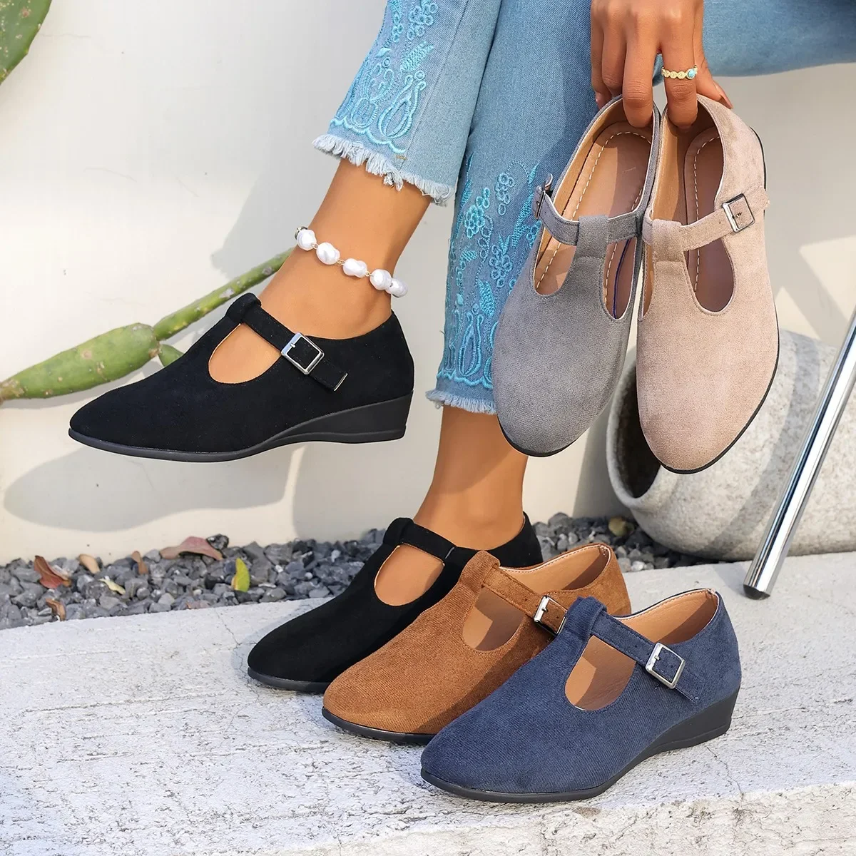 Bequeme T-Strap Mary Jane Wedges für Damen, Obermaterial aus Wildleder & niedriger Keilabsatz, Alltagsschuhe – Detail 1