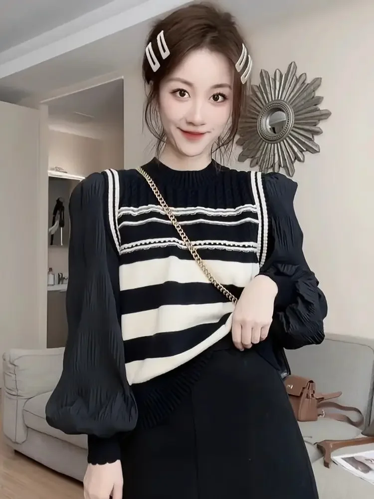 

Французский стиль Pull Femme Повседневный полосатый вязаный свитер из двух предметов Женская весенняя рубашка с рукавами-пузырьками Топ