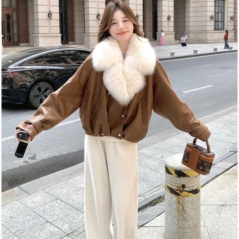 Women's Winter New Maillard High-end Casual Thick Coat Loose  Beautiful Caramel Color Big Fur Collar Fur Integrated Down Jacket