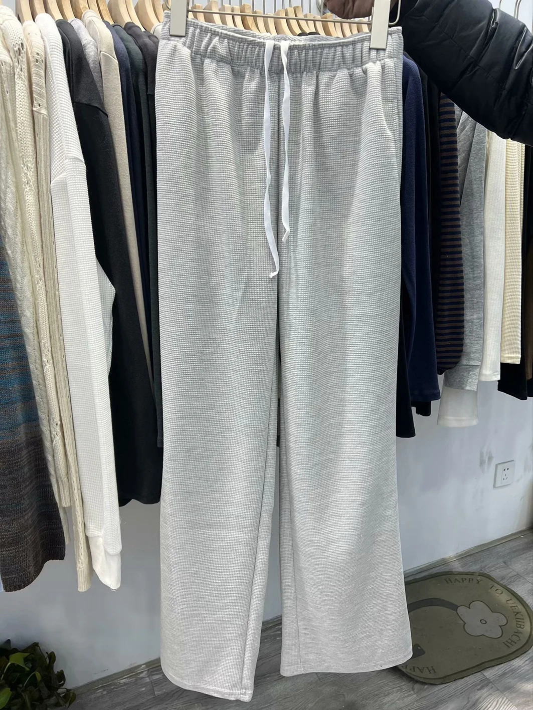 Vintage Gray Waffle Sport Pants Women Autumn Drawstring Elastic High Waist Straight Trousers Casual Harajuku Cotton Loose Pants