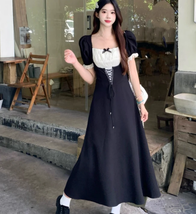 فستان نسائي صيفي كبير الحجم برقبة مربعة فرنسية مزين بالدانتيل فستان أسود عالي الخصر على شكل حرف a متعدد الاستخدامات لتخفيض العمر فساتين جامعية #3