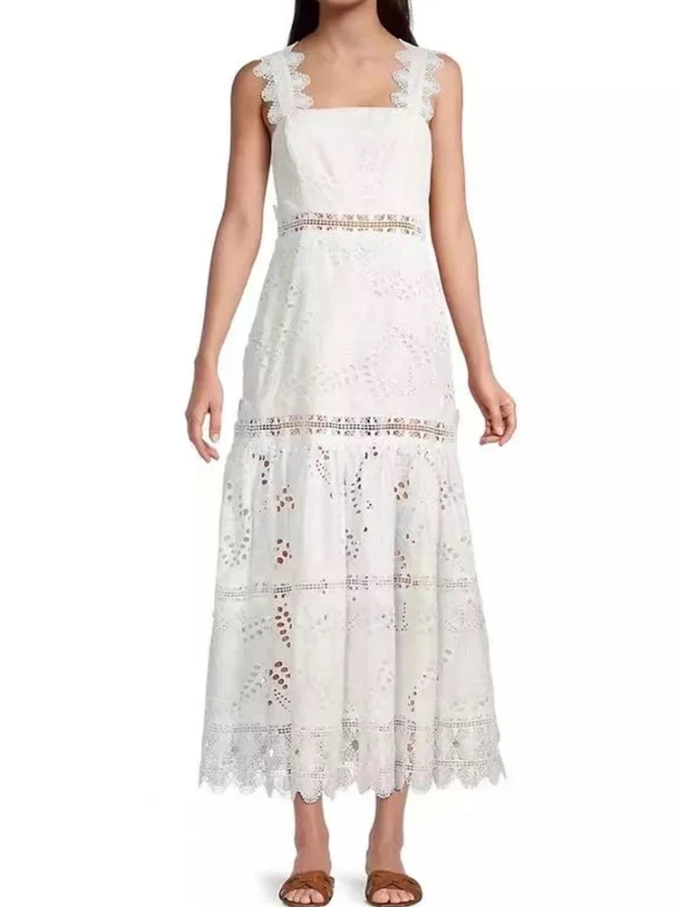 Retro solid color dress with suspenders 2024 summer women's new embroidered openwork lace stitching dress waist big swing dress