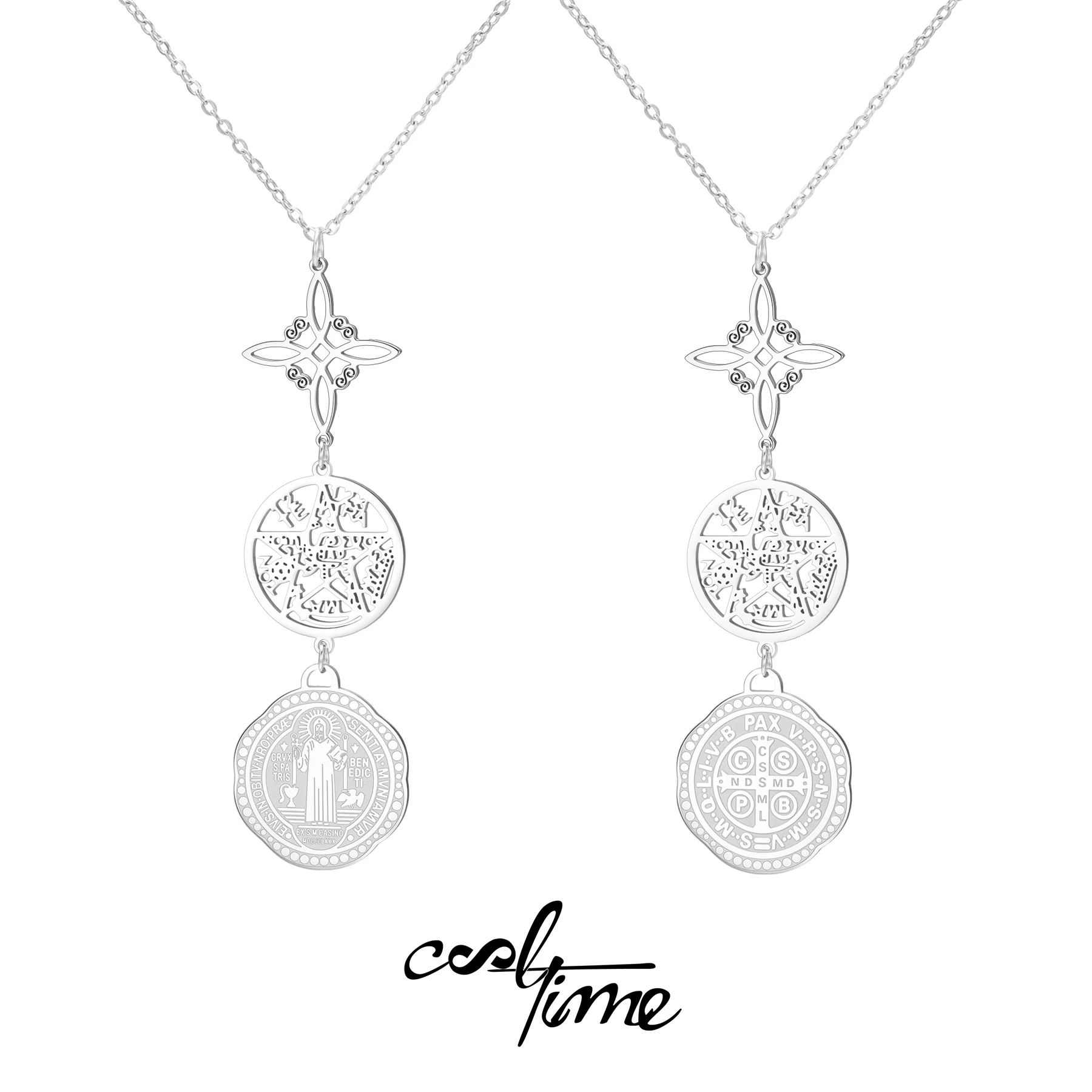 Collar de Triple Protección con Nudo de Bruja, Pentagrama, Tetragramatón, Amuleto de San Benito de Doble Cara en Acero Inoxidable