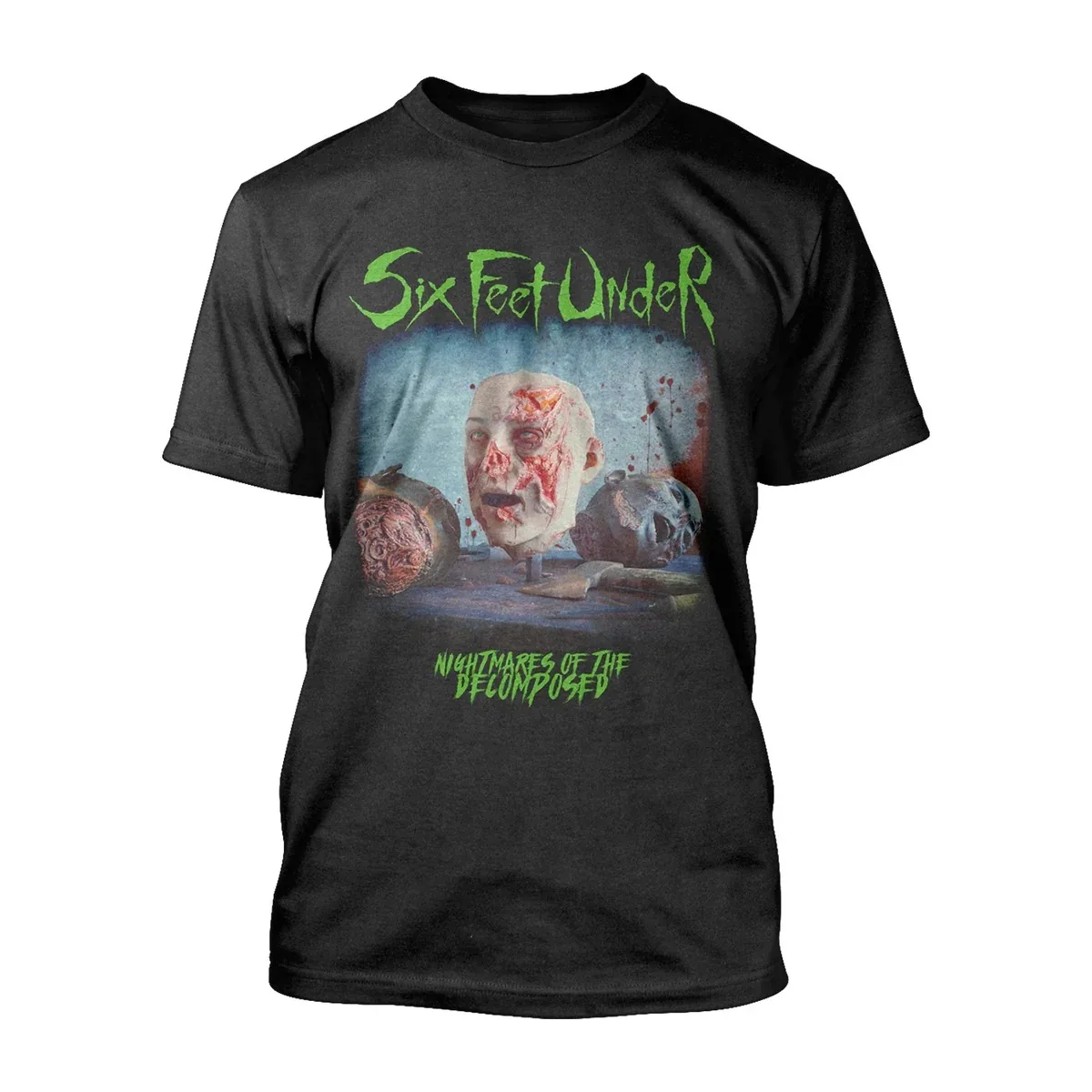 Six Feet Under Gory Decaying Head Horror Artwork Print T‑Shirt, Shows Vivid Neon‑green Distorted Band Logo Alongside