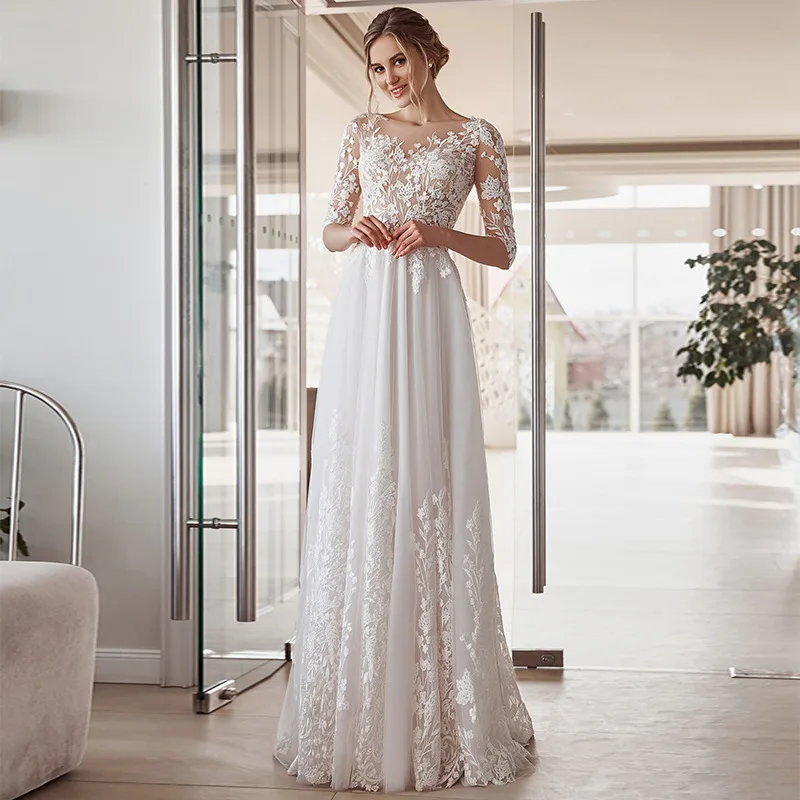

Satin medium sleeve simple new light wedding dress long dress sweet atmosphere luxury white sexy temperament elegant high-end cl