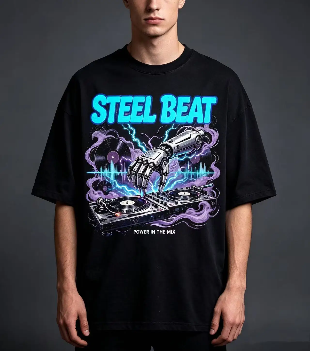 Unisex Steel Beat Robot Hand DJ Turntable Vinyl Record Graphic T Shirt Men Women Electronic Music Lightning Print Oversized Crew Neck Streetwear Top