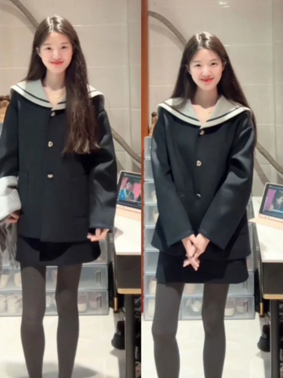 

Style Early Spring Fashionable Navy Collar Woolen Coat And Short Skirt Two Piece Set for Small Figures Korean Style