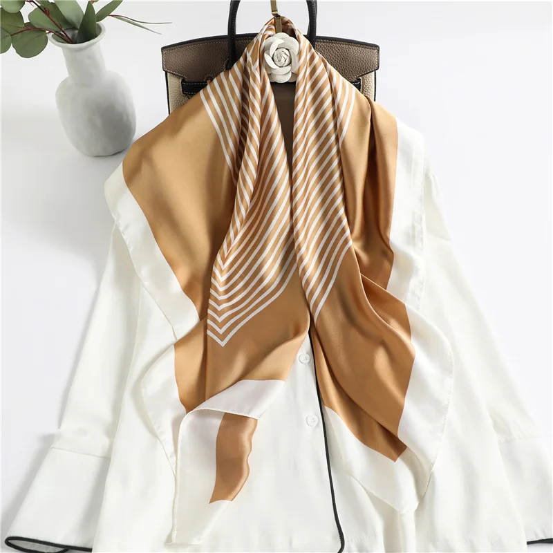 New Fashion Striped Silk Square Scarf 90*90cm Women Neck Hair Tie Band Bag Warp Soft Neckerchief Hijab Headscarf Foulard