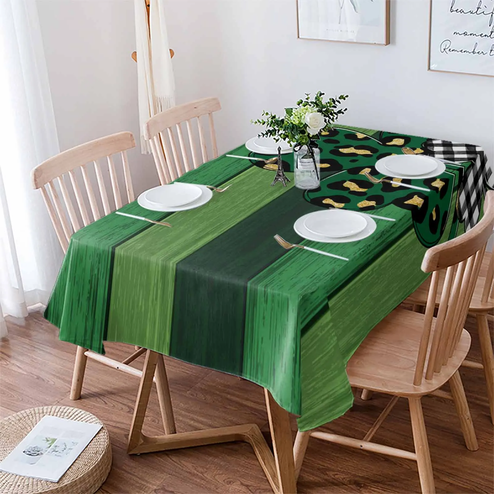 St. Patrick'S Day Four Leaf Clover Leopard Plaid Tablecloth Waterproof Dining Table Rectangular Round Tablecloth Kitchen Decor