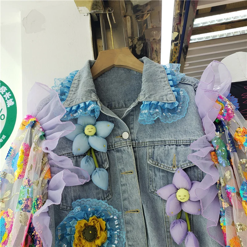 Streetwear Ruffles Splicing Hollow Out Sequins Mesh Sleeve Denim Jacket Women Cowboy Outerwear Loose Short Jeans Jacket Female