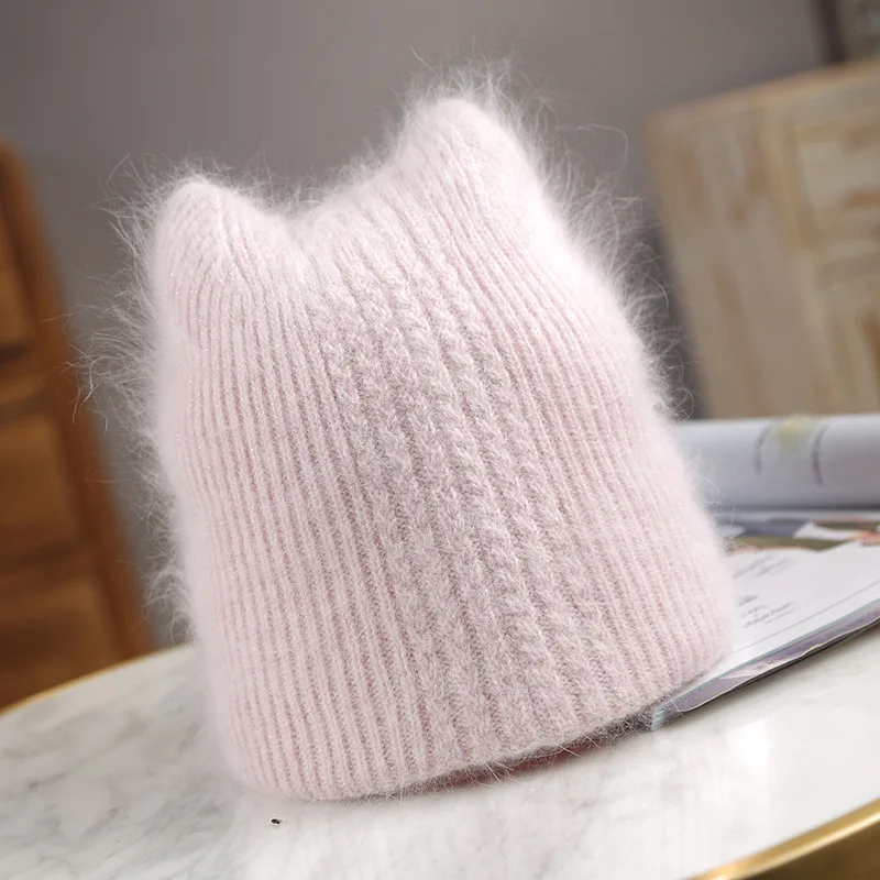 New 7 Colorways Rabbit Fur Cat Ears With Lurex Woman Winter Hat Solid Color Autumn Beanies Warm Bonnet Skullies Gift Wholesales