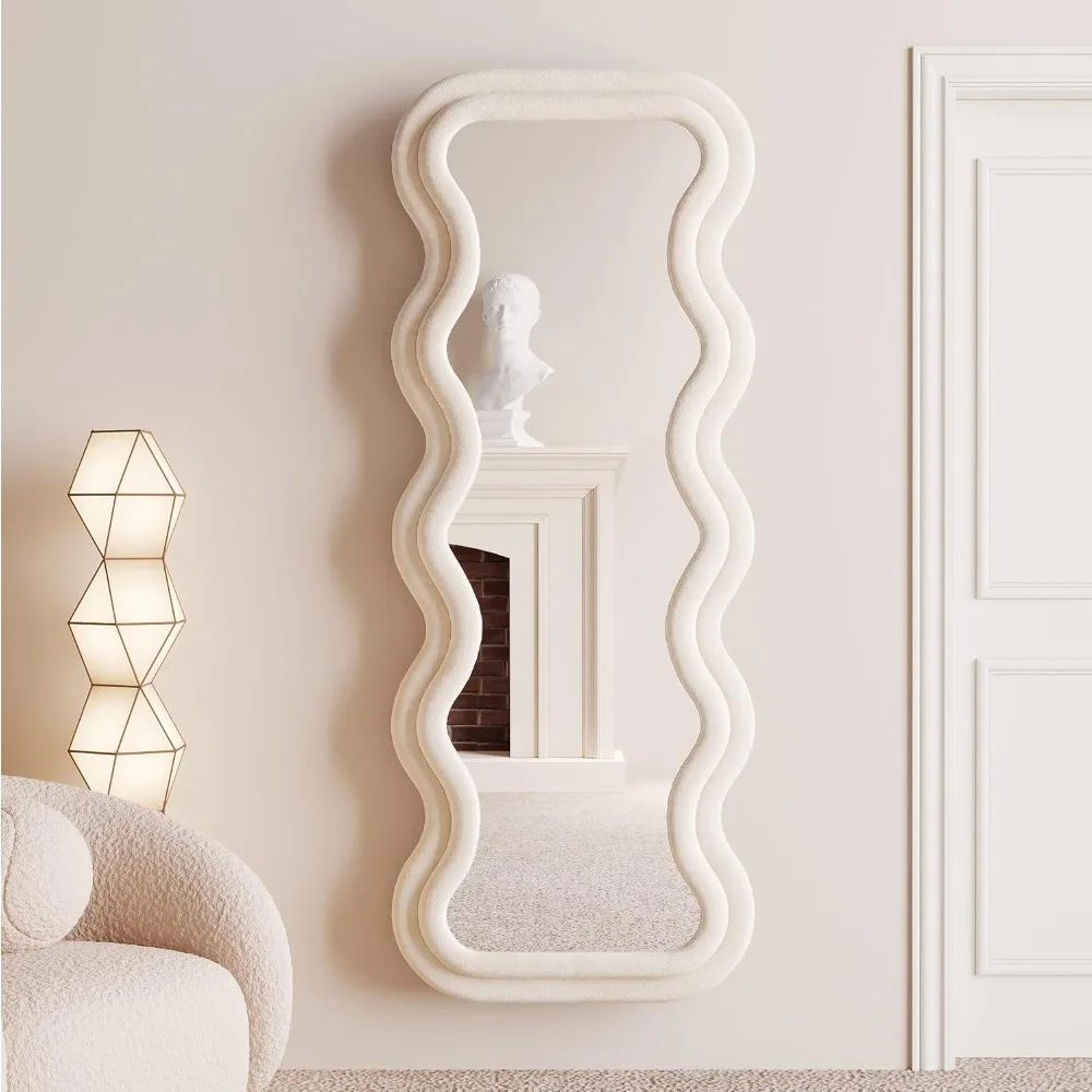 Full-Length Wavy Mirror 63x24 Inches - Flannel Wrapped Wooden Frame for Bedroom, Suitable for Standing, Hanging, or Leaning Agai