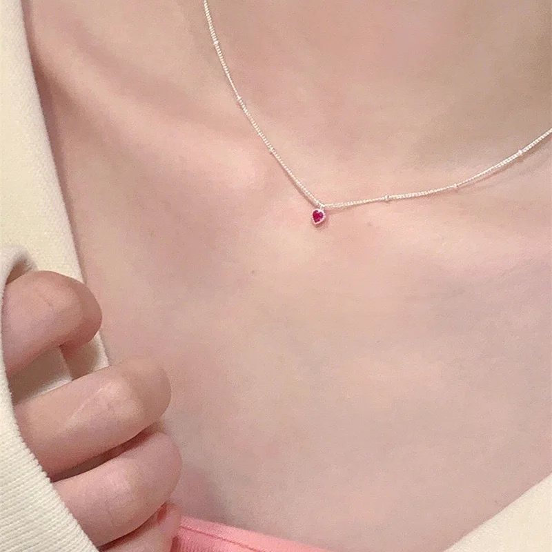Silver Color Necklace Pendant For Women Jewelry Love Necklace Small Mini Red Heart Pendant Simple Heart Shaped Collar
