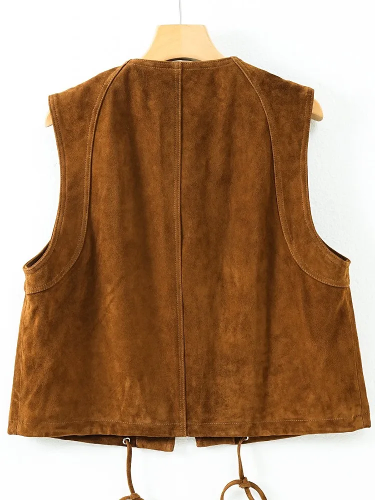 Top Quality Women Soft 100% Suede Leather Vest Top O Neck Single Breasted Loose Fit Sleeveless Natural Leather Jacket Waistcoat