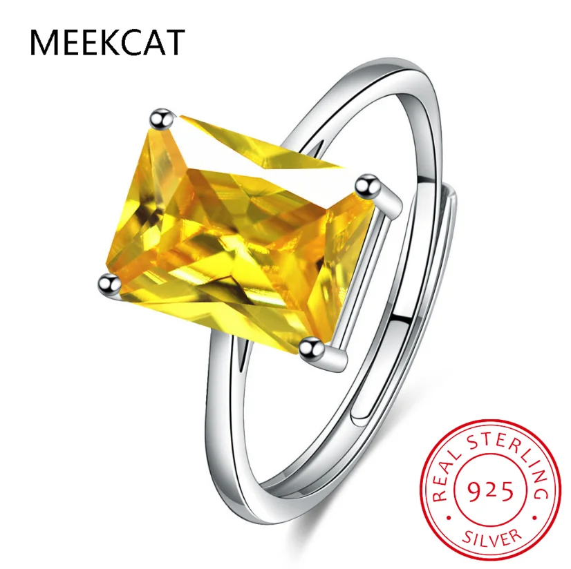 Green Simulated Nano Emerald 925 Sterling Silver Rectangle Adjustable Ring for Women Emerald Cut Gemstone Fine Jewelry Anillos
