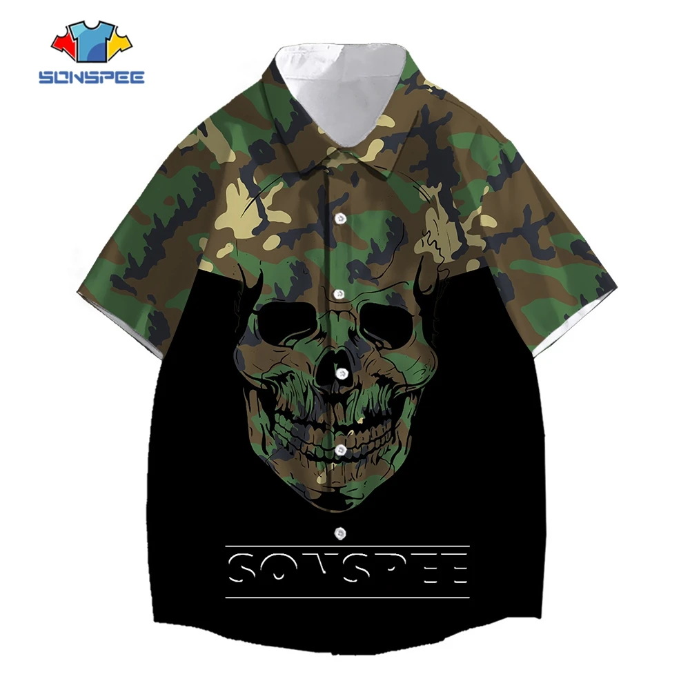 SONSPEE Gothic Skeleton 3D Printed Horrible Green Skull Shirt Men Women Loose Oversized Cloth Horror Short Sleeve Men's Blouse