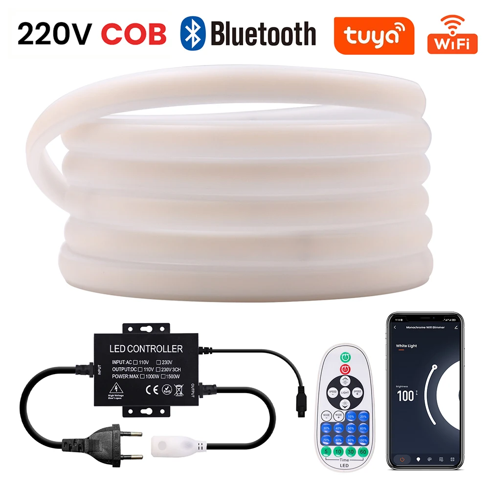 220V Tuya WIFI COB LED Strip Light Dimmable Bluetooth Wall Touch 23key Remote 1500W Controller 288LED/m Waterproof Flexible Lamp