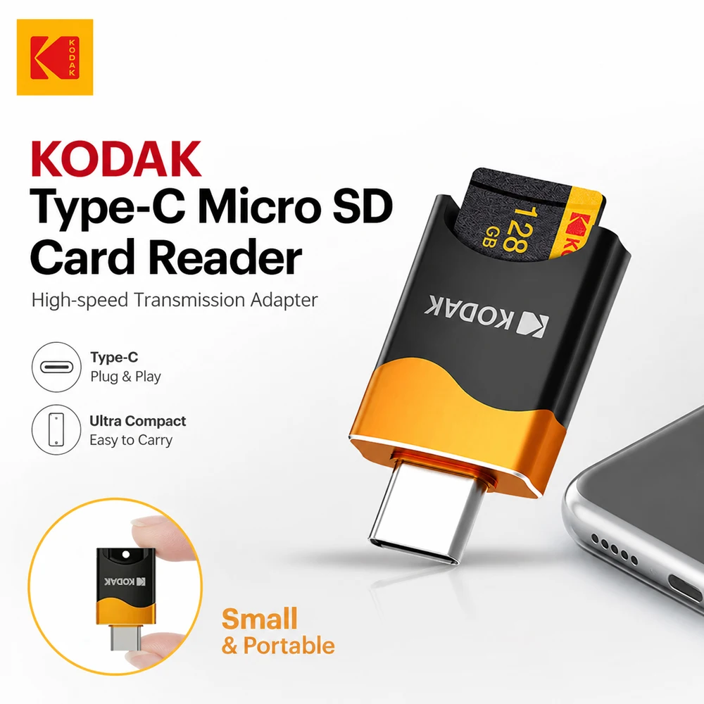 Leitor de Cartão Micro SD TF Tipo-C KODAK, Adaptador de Cartão de Memória de Alta Velocidade para Telefone, Laptop, Tablet USB-C OTG