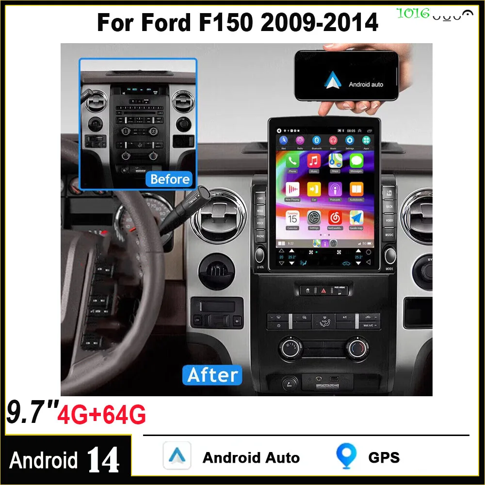Android 14 Car Navigation 9.7 بوصة CarPlay المدمج + Android Auto / 4 + 64G لـ 2009-2014 Ford F150 (Little King Kong)