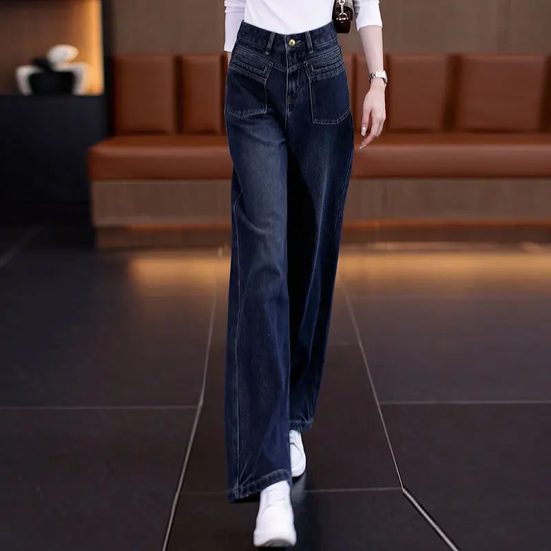 

Slight Strech Ankle-Length Pants MID Pockets Thin denim SKINNY Wide leg pants Casual