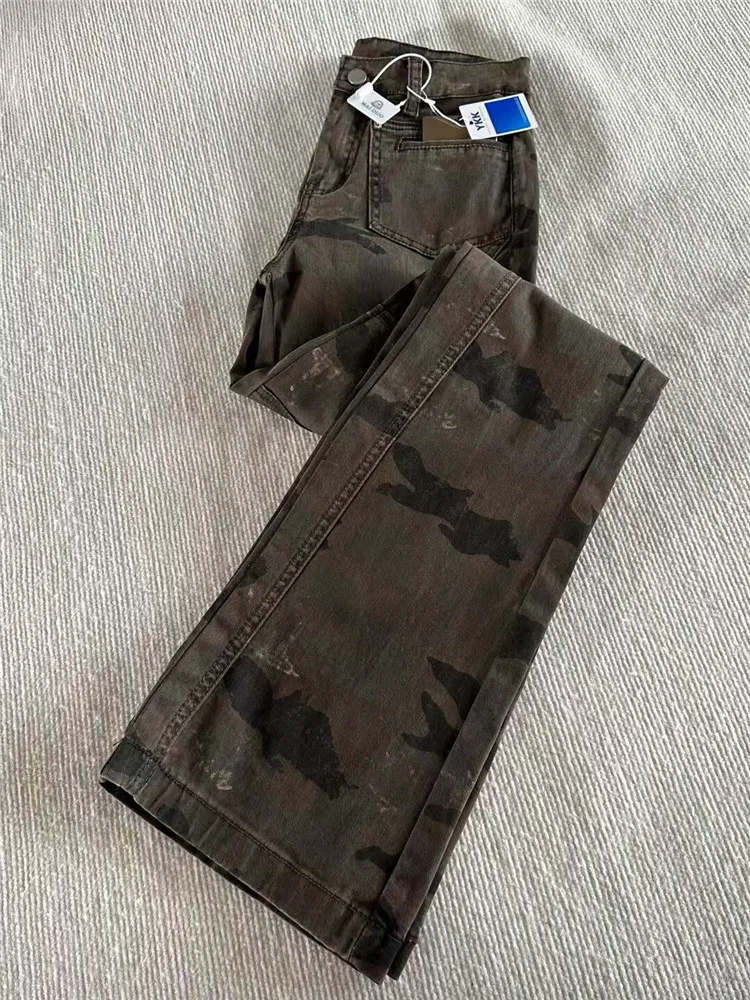 

American High Street Vintage Spicy Girl Camouflage Flared Jeans Women's Spring Autumn Tall Extended Workwear Low Waist Pants