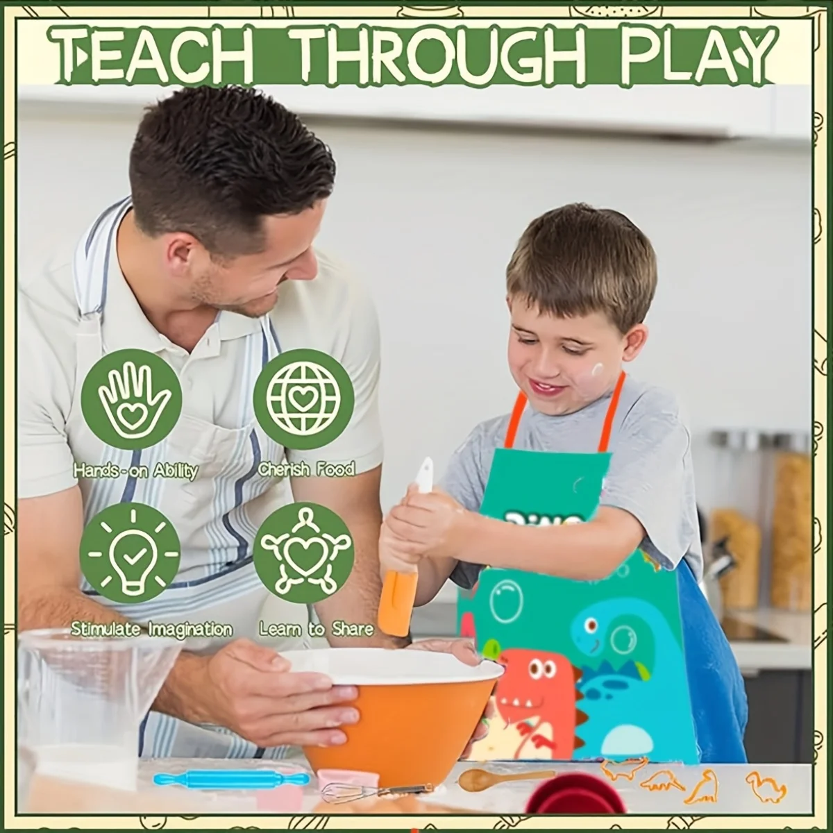 かわいい漫画の恐竜エプロン、子供用エプロン、キッチンおもちゃ、ままごとクッキングセット、クリスマスや新年のギフトに最適