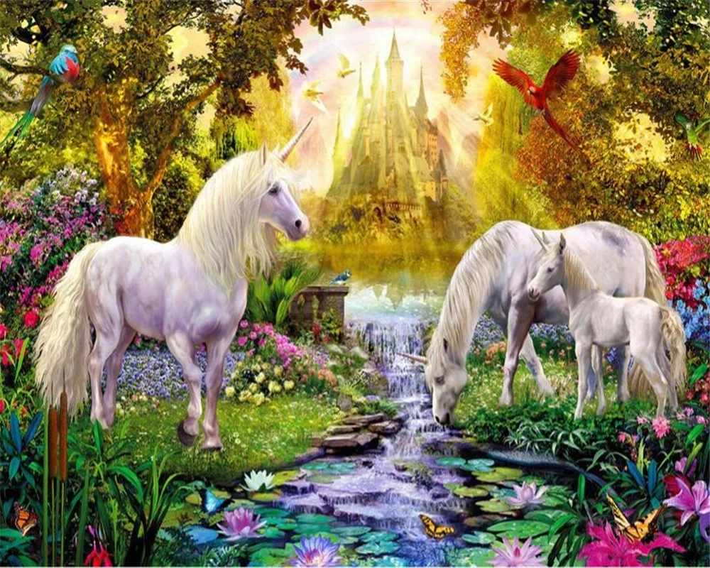 Custom Photo 3d Wallpaper Sunlit Castle Forest Lotus Pond Water Horse Animals unicorn Living room background bedroom restaurant