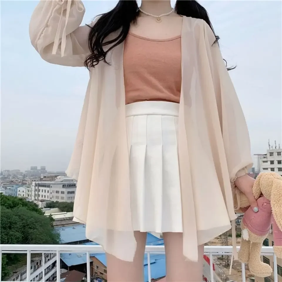 Women Summer Simplicity Sweet Chiffon Sunscreen Solid Color Thin Cardigan Long Sleeve Shirts Ladies Casual All-match Top Tee