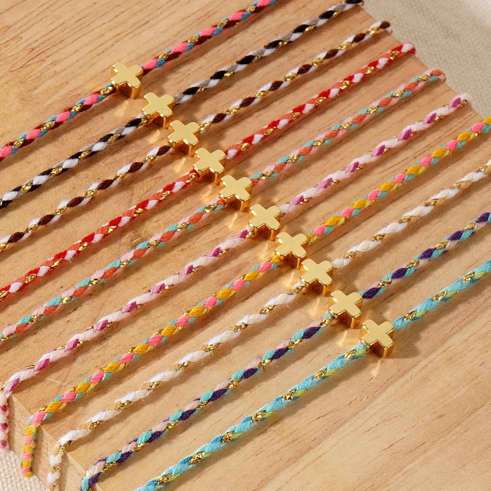1pc Bohemian retro style four-color cotton rope copper cross layered adjustable bracelet suitable for men and women to wear