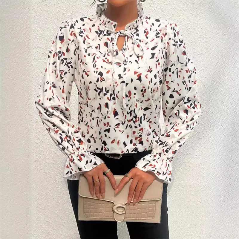 Elegant Women's Spring And Autumn Casual Printed Wood Ear Edge Tie Leading Blouse Fashionable Long Sleeved Casual Office Shirt