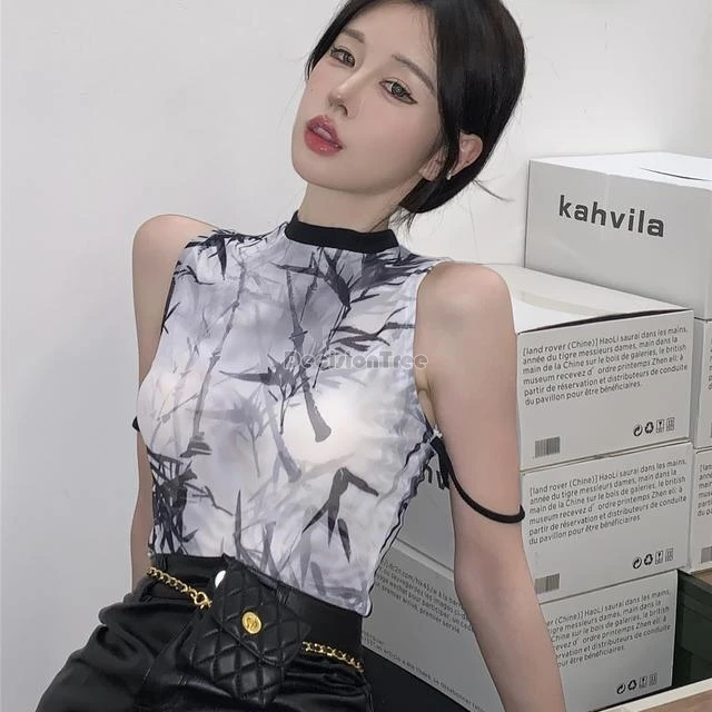 2024 chinese bamboo printed halter vest women's summer fashion retro style short sleeveless top sleeveless slim camisole w329