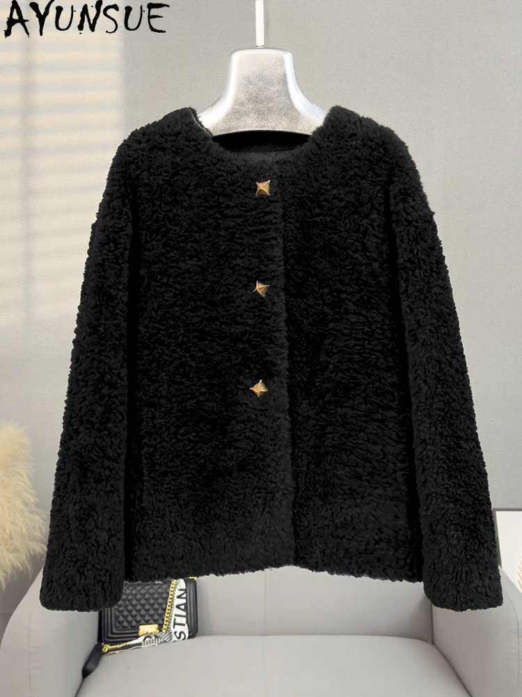 AYUNSUE 100% Natürliche Wolle frauen Jacke Elegante Rundhals Lamm Pelz Jacke Frau Kleidung Lose Outer 2025, Ropa Para mujer