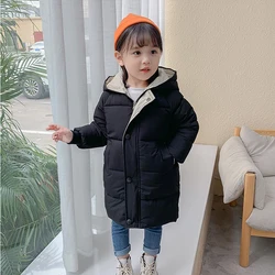 Hooded Down Jackets Winter Kid Boys Girls Thick Warm Long Outerwear Children Black Waistcoat Coat Casual Clothing 3-10 Years Old
