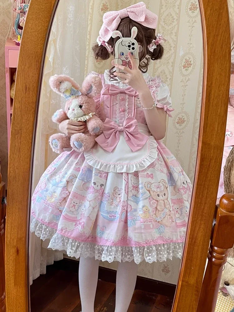 Kawaii Lolita Ruffles Apron Camisole Dress Sweetheart Princess Cartoon Printing Bow Vitality Girly Loli Mini Dresses