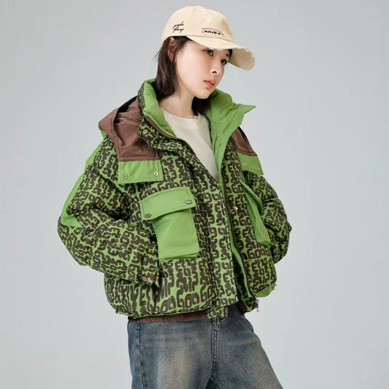 

2025 Winter Thick Warm Parka Fashion Design Slim Hooded Cotton Jacket New Print Down Cotton-Padded Jacket Women's Short Overcoat