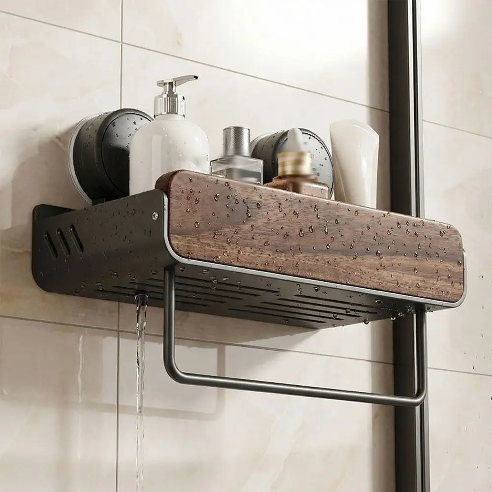 

Mid-Century Modern Bathroom Shelf Strong Grip Space Saving Bathroom Storage Rack Walnut Finish Suction Cup