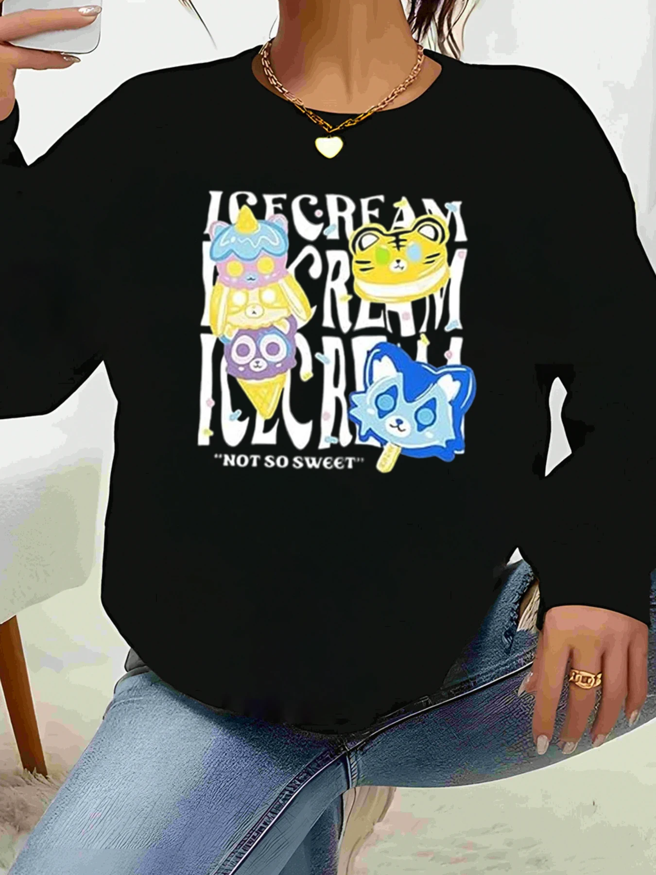 

Толстовка с круглым вырезом и принтом медведя мороженого, повседневная одежда, женская модная уличная одежда