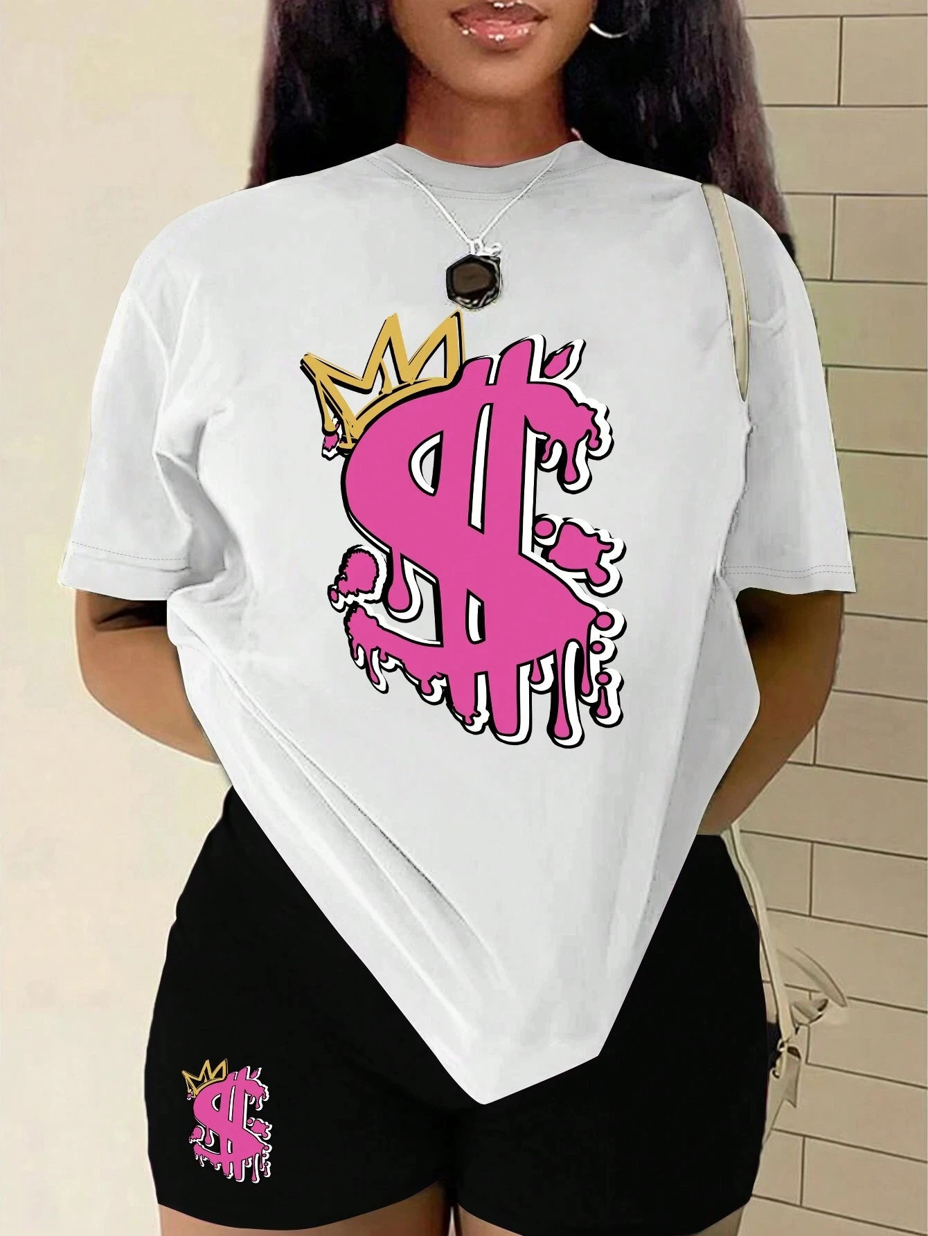 

Interesting Letter Crown Printing Women T Shirts Two Piece Set Hip Hopshort Sets Breathable Summer Soft Shirt Shorts Female