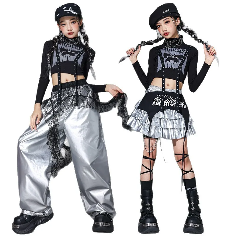 Hip Hop Boys Silver Vest Sweatshirt Street Dance Pants Girls K-pop Crop Top Clothes Sets Kids Jazz Costumes Children Streetwear