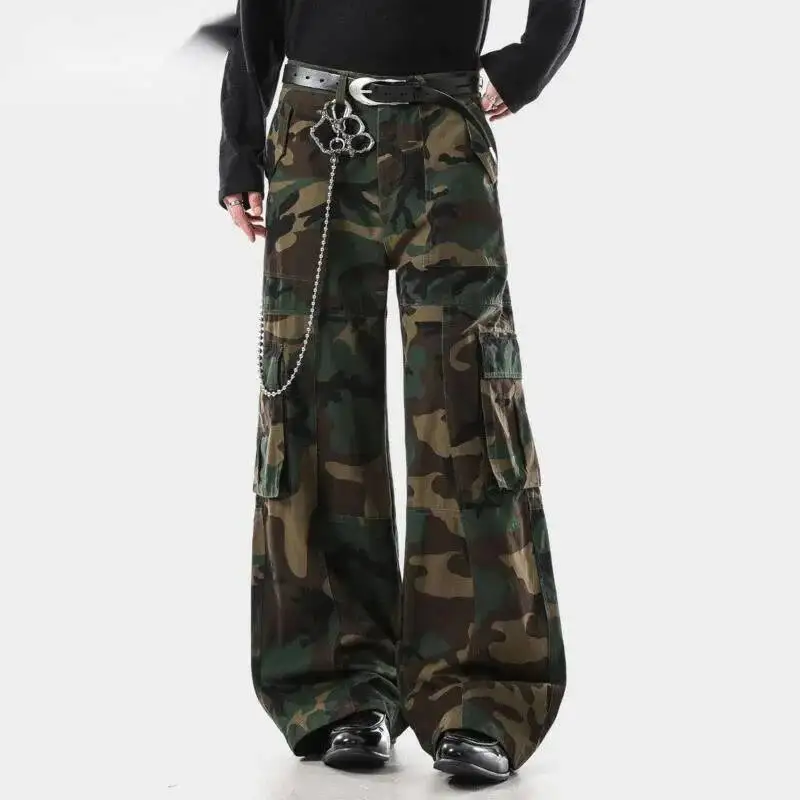 

American Style Men's Cargo Pants Camouflage Casual Pleated Design Side Pocket All-match Wide Leg Loose Male Trousers 98TJY