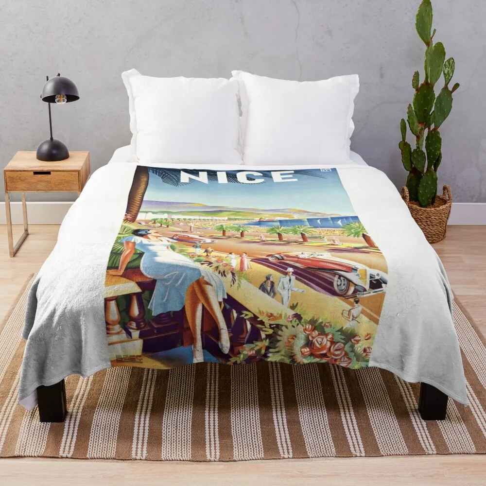 

1935 Nice France Travel Poster Throw Blanket Furrys Retros manga Plaid Blankets