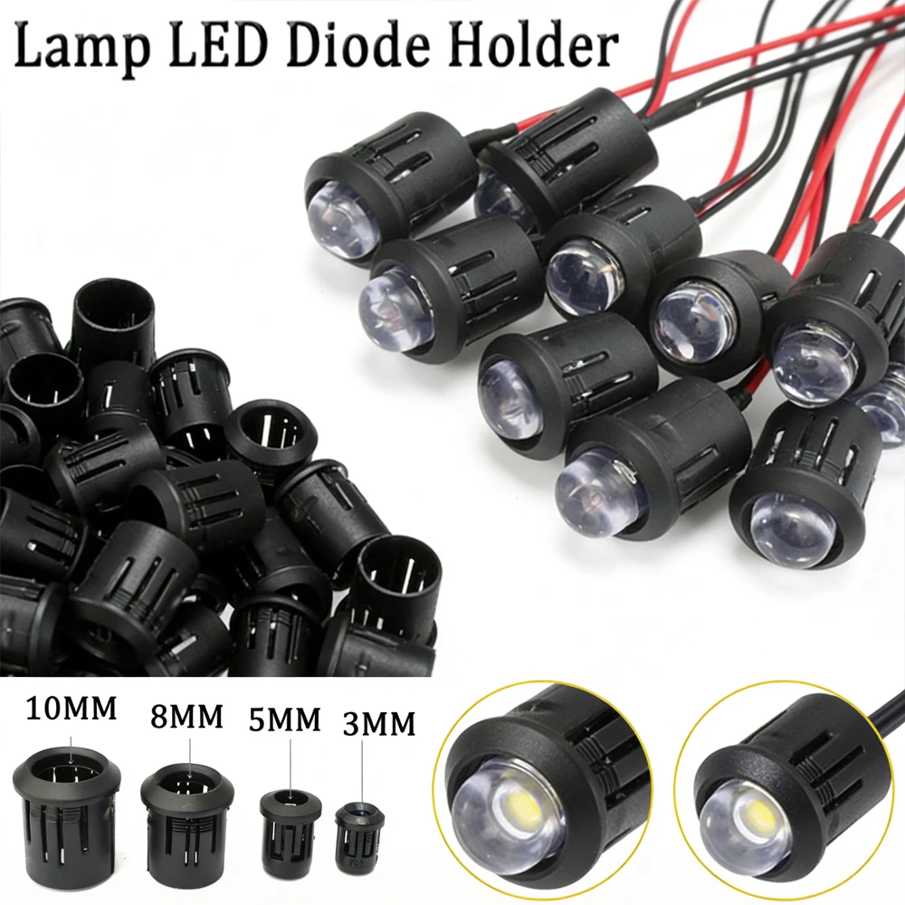 25-100pcs Bulk Pack LED Holder Diode Clip Bezel Socket Black Plastic 3/5/8/10mm Size for Lamp Bases & DIY Electronics Projects