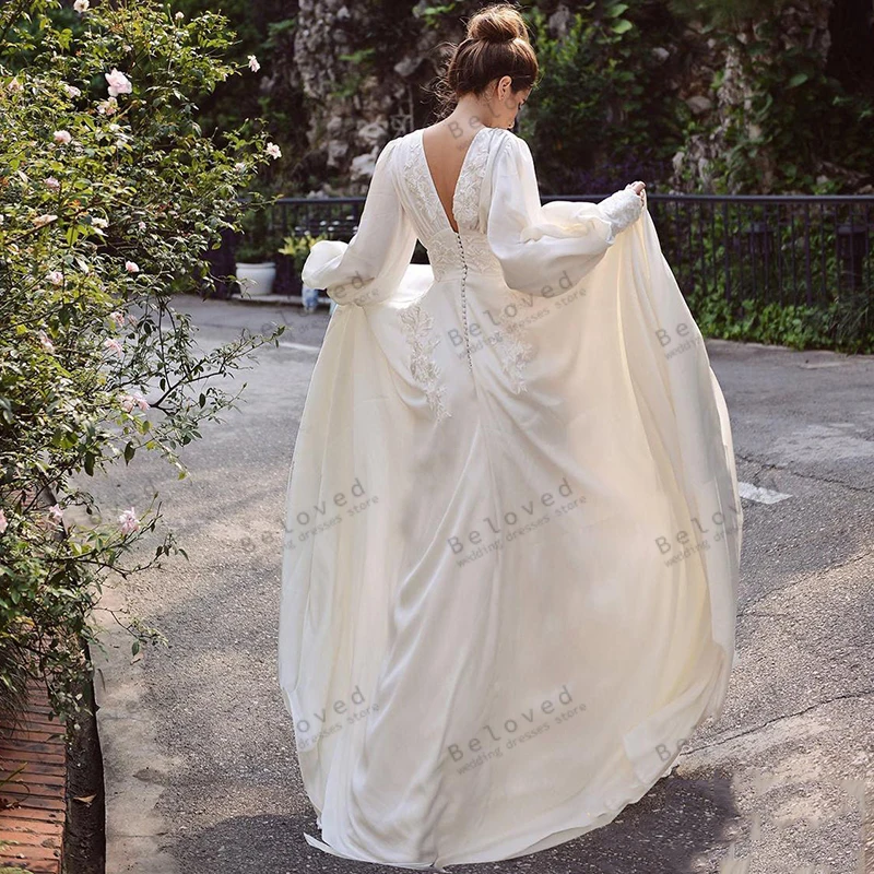 Vestidos De Novia clásicos Línea A Vestidos De Novia De gasa mangas largas abullonadas sin espalda batas Vintage Vestidos De Novia personalizados 2025