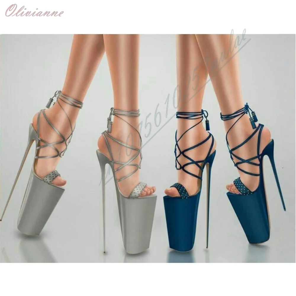 Deep Blue Hollow Design Open Toe Dance Sandals Strappy Lace-up Stiletto High Heel Fashion Summer Shoes for Women Hot Girls