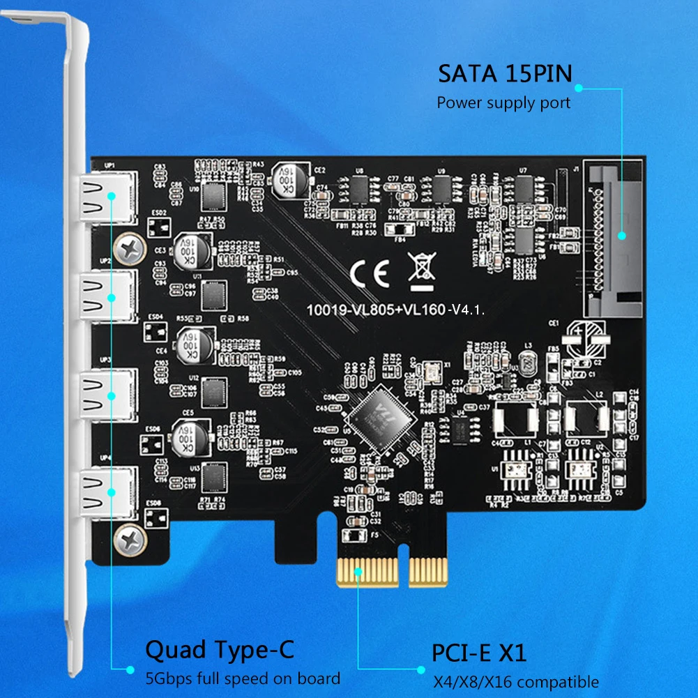 Tarjeta de expansión KC019 de 7 puertos PCIE a USB 3,1 tipo C, 5gbps, PCI Express X4/X8/X16, adaptador de corriente SATA de 15 Pines, elevador Pcie