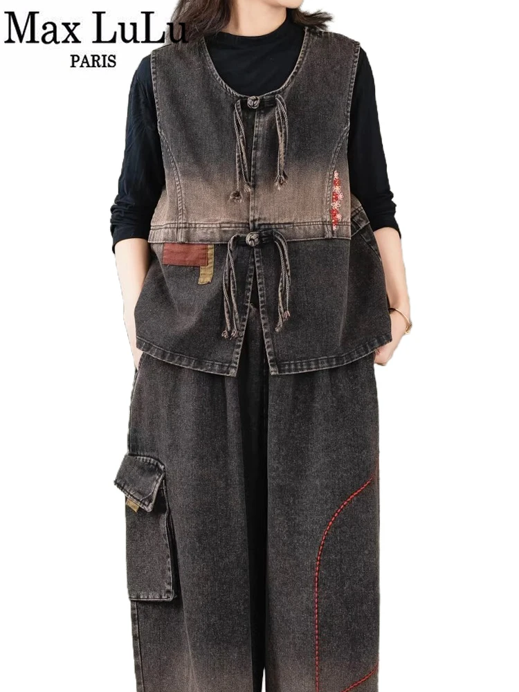 Max LuLu Autumn Outfits Womens Fashion Denim 2 Pieces Sets Classic Loose Vest Coats Vintage Jeans Leisure Pants Embroidery Suits