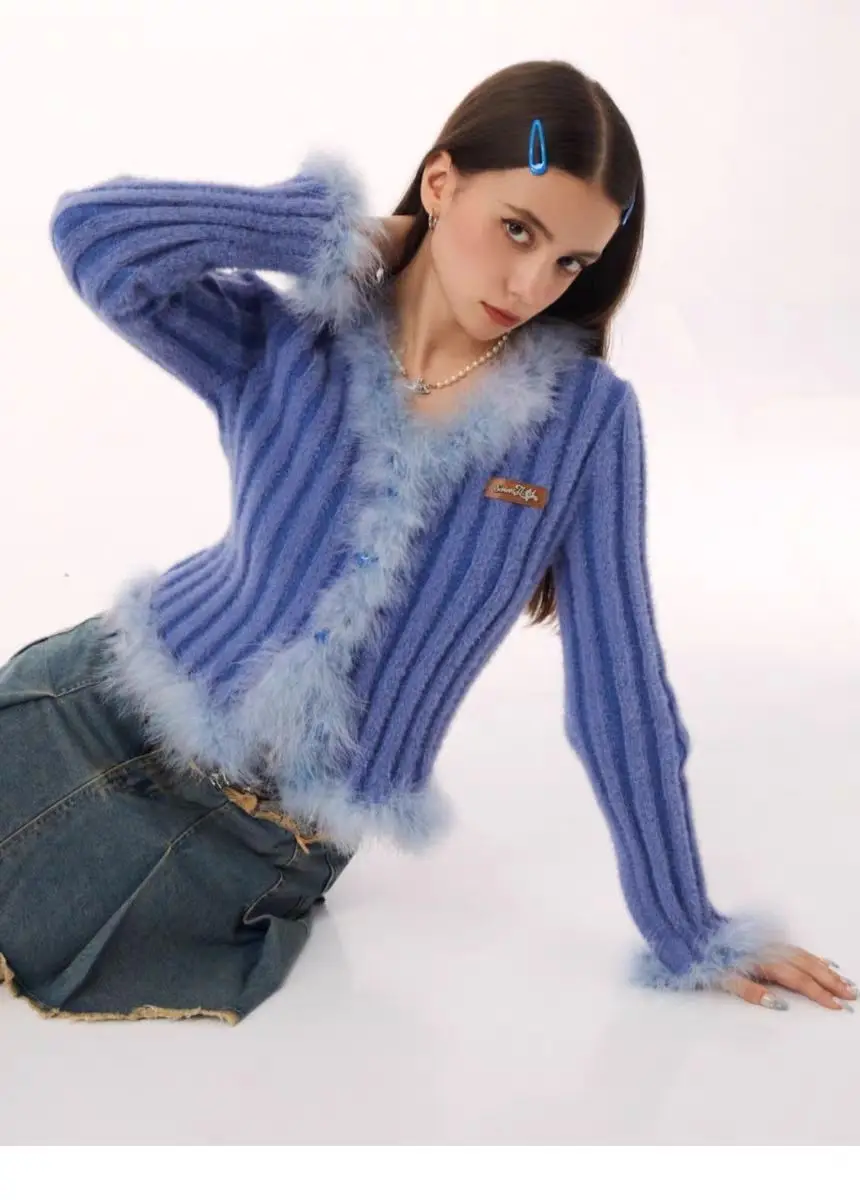 Stripe Fur Knitted V-Neck Tie Cardigan Women Clothes Cropped Fashion Hot Girls Y2k Tops Korean Atmosphere Slim Fit T-Shirt