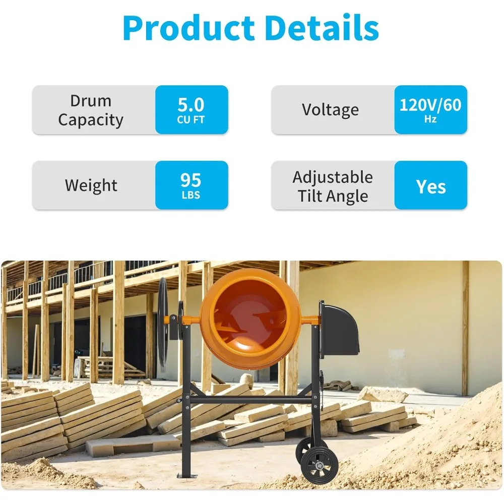 5.0 قدم مكعب. خلاط أسمنتي كهربائي 1/2 حصان آلة خلط الملاط الخرساني المحمولة مع عجلات للجص #4
