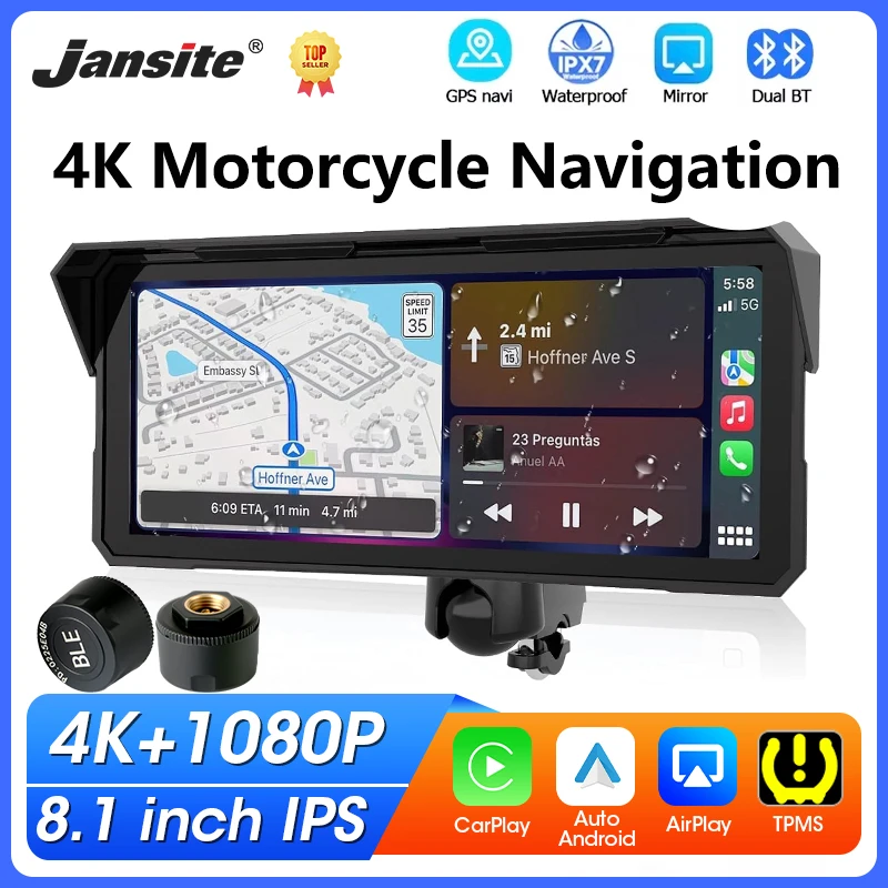 8.1 inch Motorcycle DVR GPS Navigation Support 4K+1080P Camera Wireless CarPlay&Android Auto IPX7 Waterproof IPS Display