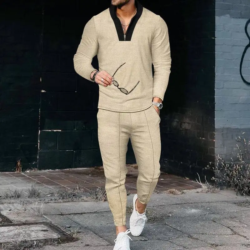 

Men's Waffle Knit Tracksuit Long Sleeve Patchwork Stand Collar Half Zip Casual Sports Fashion Outfit Set Tops